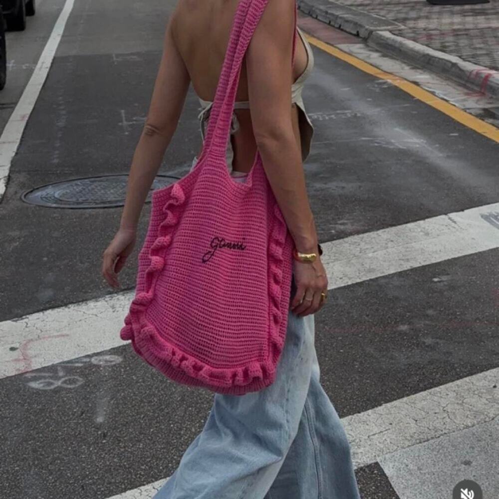 Ganni pink crochet tote bag